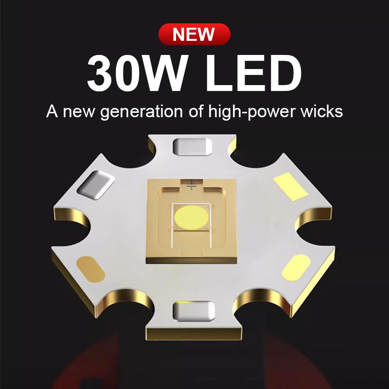 30W Strong Light LED Flashlight High Power Torch 4 Modes Super Bright Rechargeable Lamp Most Powerful Lantern Waterproof Torch Light