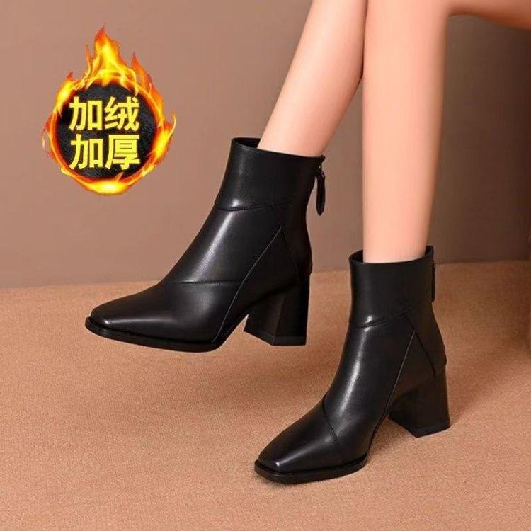 

Comfortable thick heel short boots autumn and winter new high heel bare boots velvet square head black thin British Martin boots 35