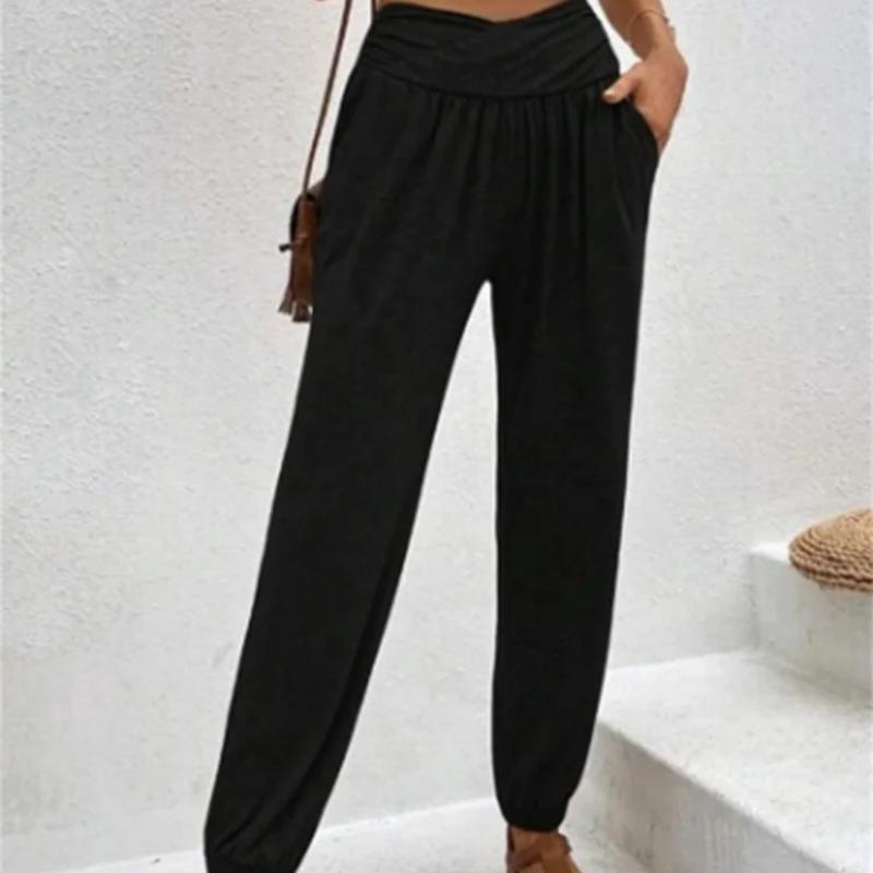 

High Waist Pocket Elastic Pants Women s Solid Color Trousers Fashion Autumn Long Pants XS чёрный