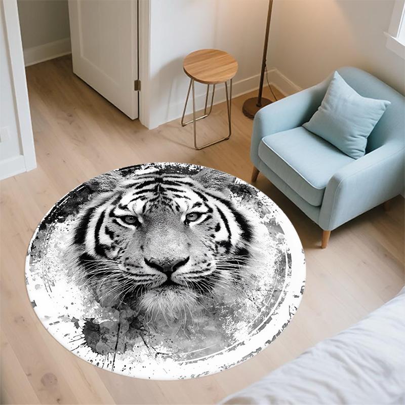 Black and White Ink Tiger Round Area Rug,Carpet Rug for Living Room Bedroom Sofa Playroom Decor,Non-slip Floor Mat