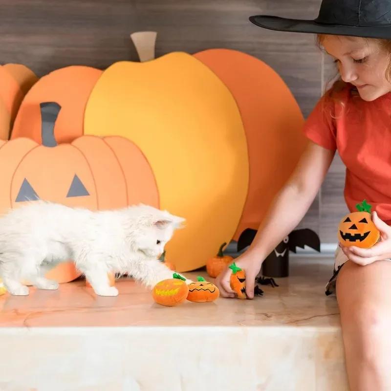Halloween Cat Toys Large Cute Pumpkin Ghost Face Interactivity Plush Dog Toys Soft Durable Teething Cleaning Teeth Pet Supplies