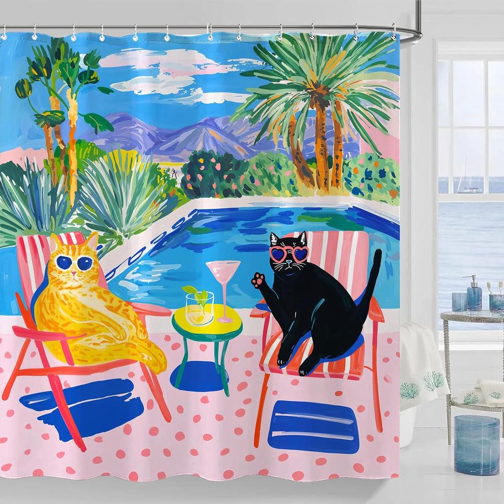 Poolside Cats Shower Curtain Set Relaxing Evening Scene Waterproof Bathroom Shower Curtain Tropical Drink Print Leisure Home
