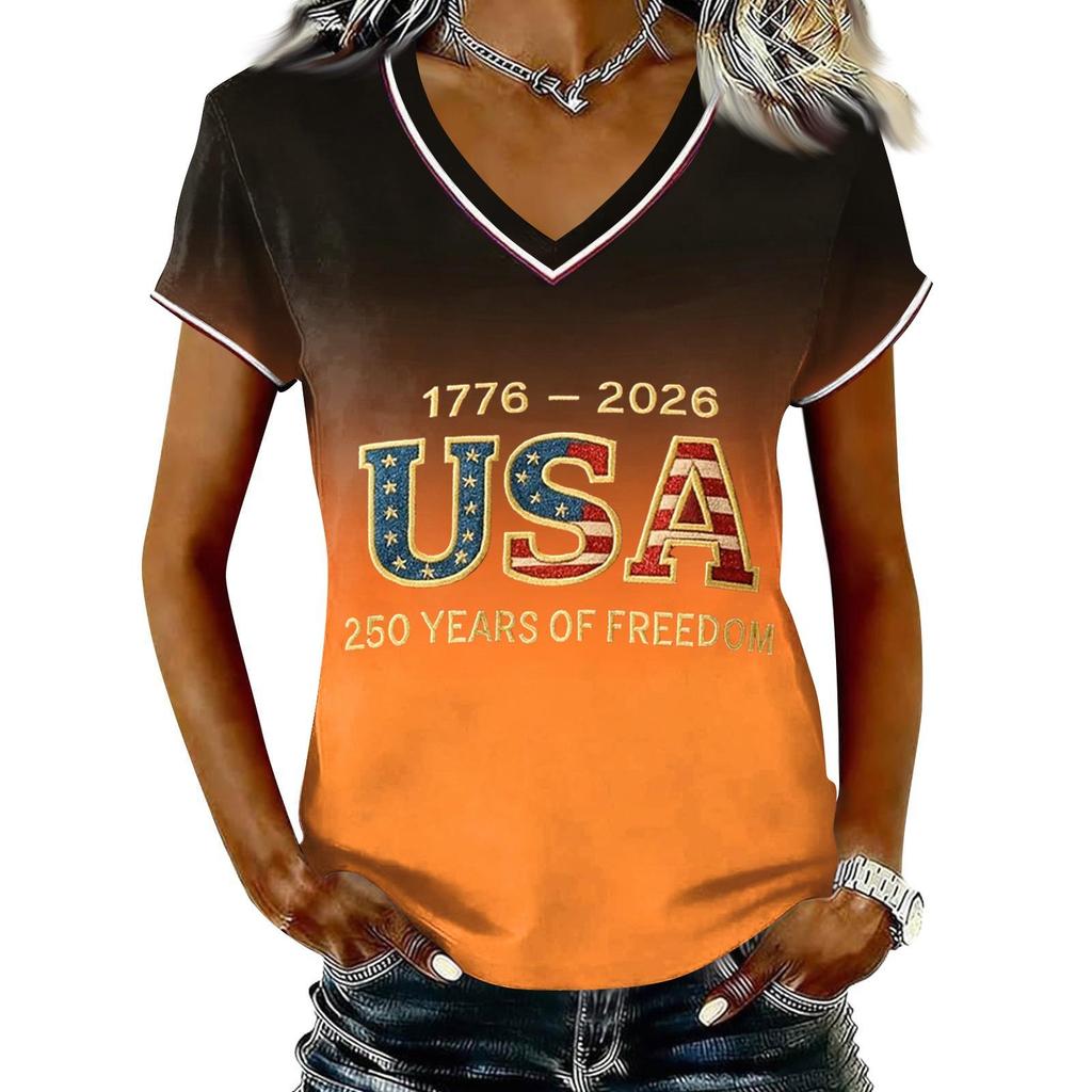 Women Casual V Neck Short Sleeve Pullover T Shirt Gradient Print USA Independence Day Graphic Top