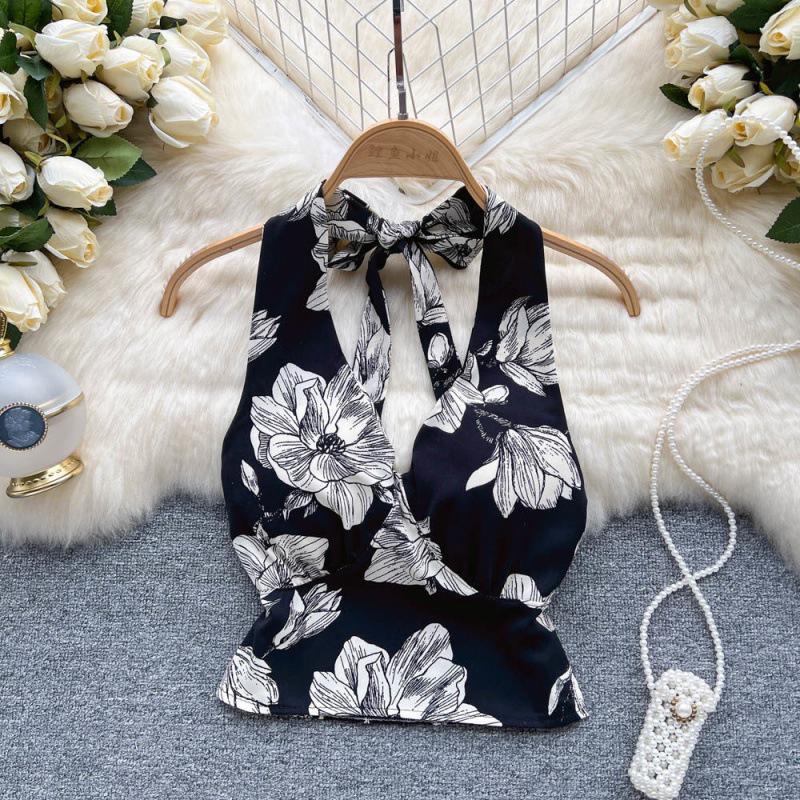 Celebrity Floral Halter Neck Backless Top - Women's Summer Trendy, Sexy, Versatile Vest
