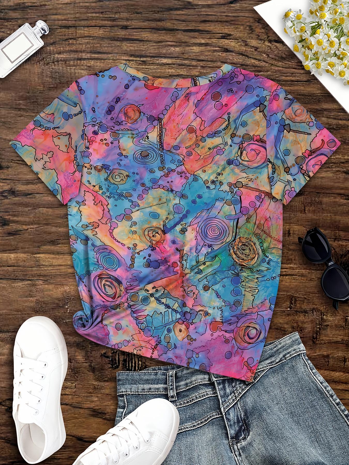 

2D Print Simple Elegant Fashion Vacation Abstract Painting Tie-Dye Gradient Color Block Patchwork Round Graphic Full Print Breathable V-Neck Short Sle M дубильная кора
