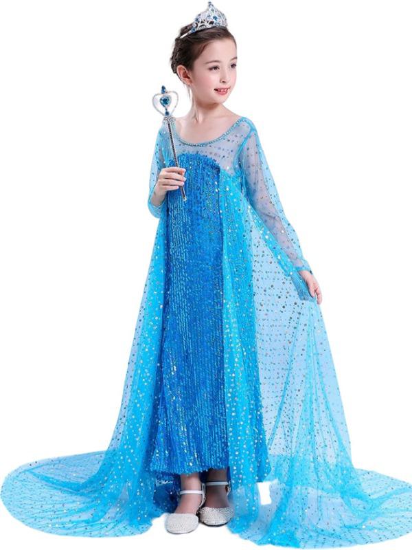 Frozen Girls' Elsa Sequin Mesh Long-Sleeve Formal Dress