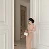 Fashion and sexy neck open shoulder waist pleated women's clothing summer pleated waist high-end light luxury medium and long dress