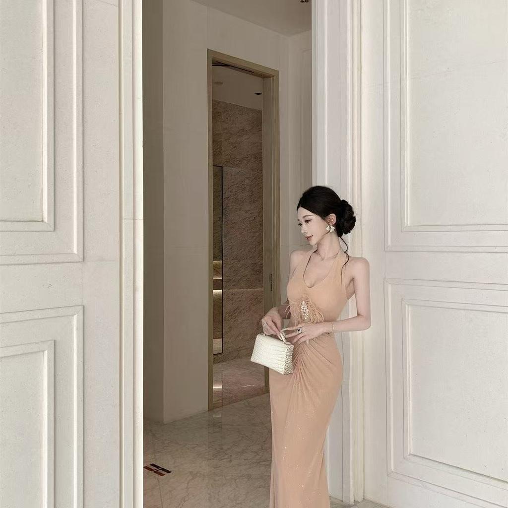 Fashion and sexy neck open shoulder waist pleated women's clothing summer pleated waist high-end light luxury medium and long dress