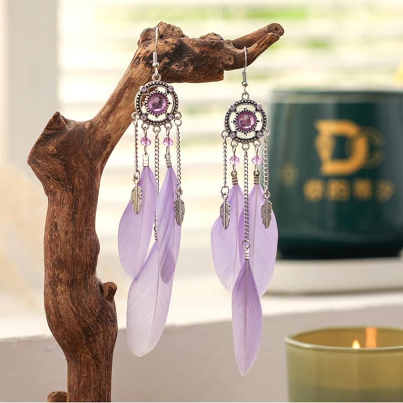New Vintage Round Rhinestone Feather Earrings for Women Ethnic Elegant Long Drop Earring Wedding Vacation Female Jewelry