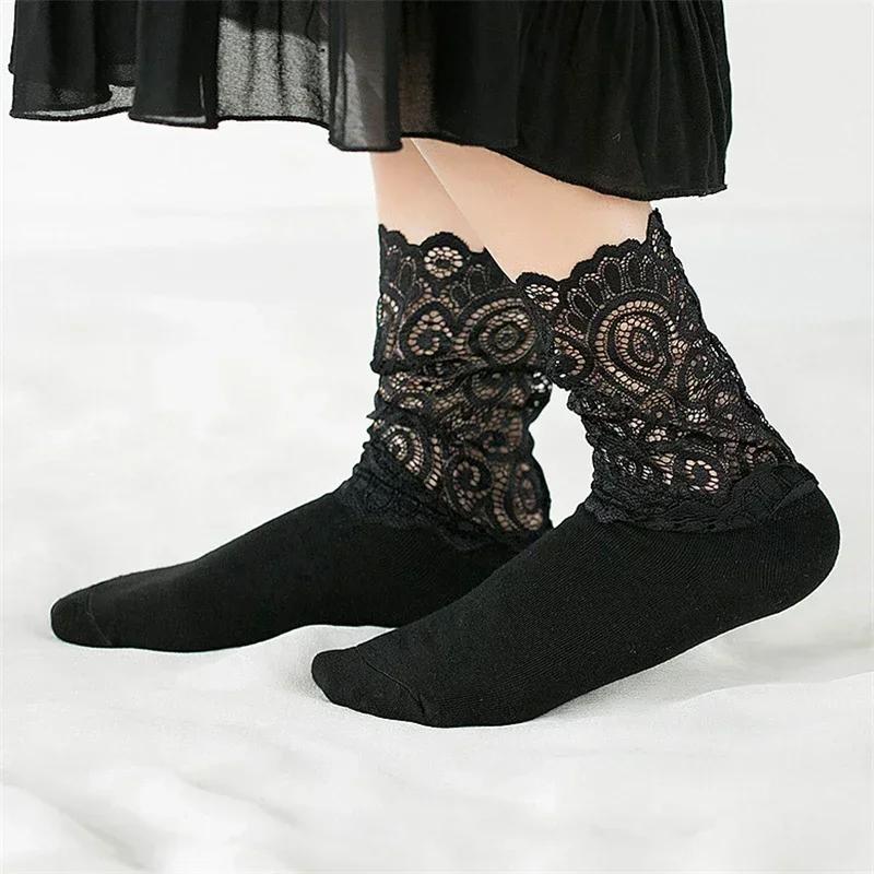 Sexy Lace Floral Mesh Socks Women Black Transparent Short Cotton Sock For Ladies Elastic Retro Cute Socks Female New 2025