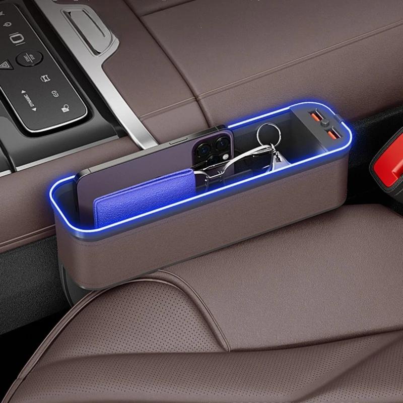 Car Colour Light Seat Gap Storage Box 2 USB Charging LED Car Crevice Storage Organizer Box Auto Interior Stowing Tidying