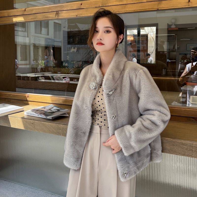 Winter imitation mink fur jacket new short stand-up collar fur fashion large size cotton coat short padded women