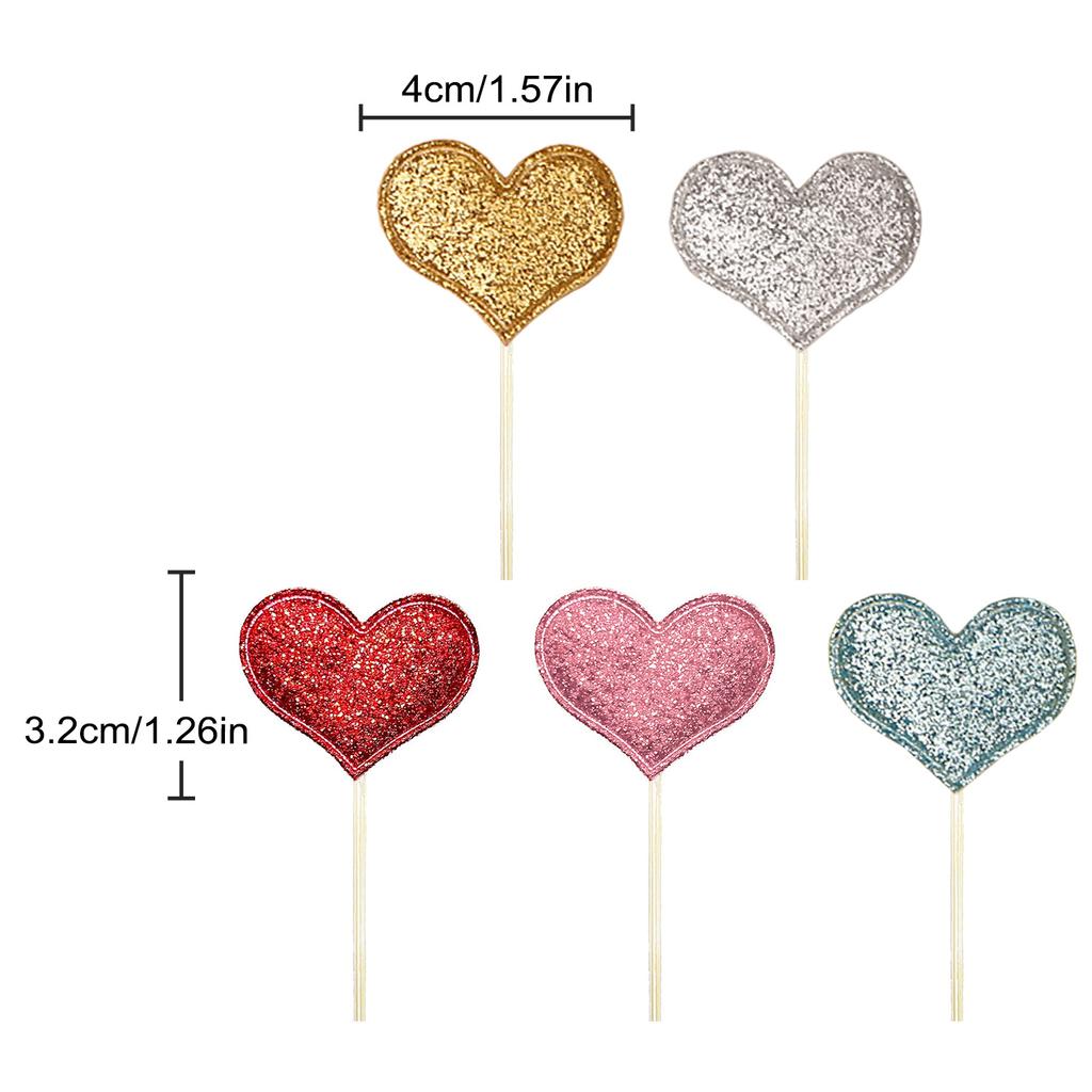 100pcs Glitter Pink Heart Cake Toppers Heart Cupcake Toppers Valentine's Day for Sweet Love Theme Wedding