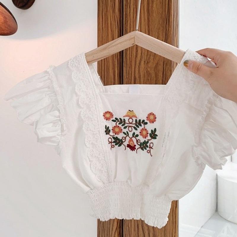 Sweet Girl Shirt Embroidery Lace Shirt Short Top Childrens Clothing