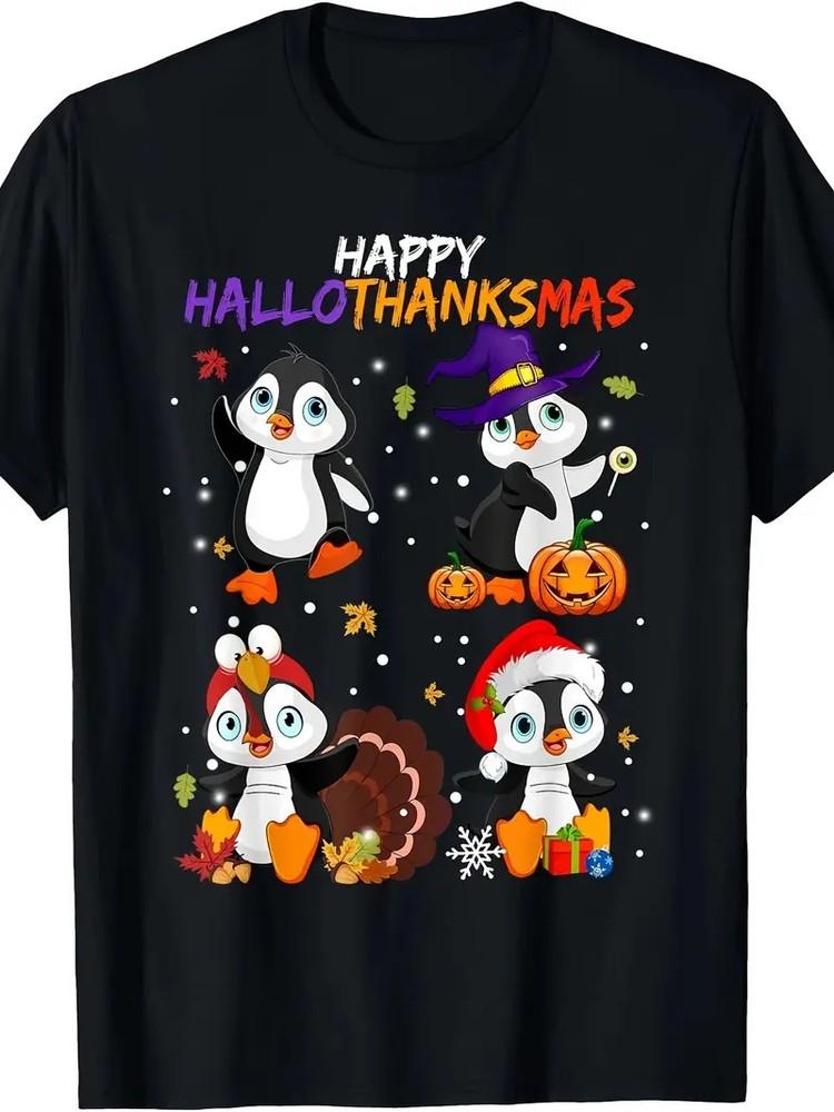 

Penguin Happy Hallothanksmas Halloween Thanksgiving Xmas T-Shirt- 220g S