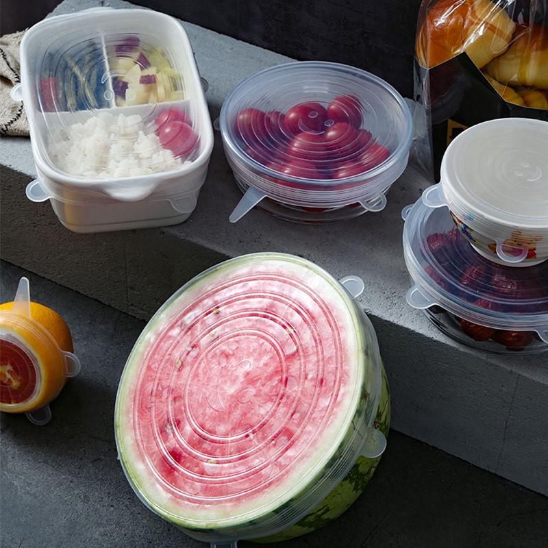 6PCS Food Cover Adjustable Elastic Silicone Cap Reusable Kitchen Utensil Storage Airtight Food Packaging Lids Accessories