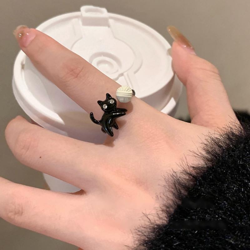 Funny Black Cat Open Rings for Women Fashion Cartoon Cute Kitten Finger Rings Party Jewelry Gift Aesthetic Accessories