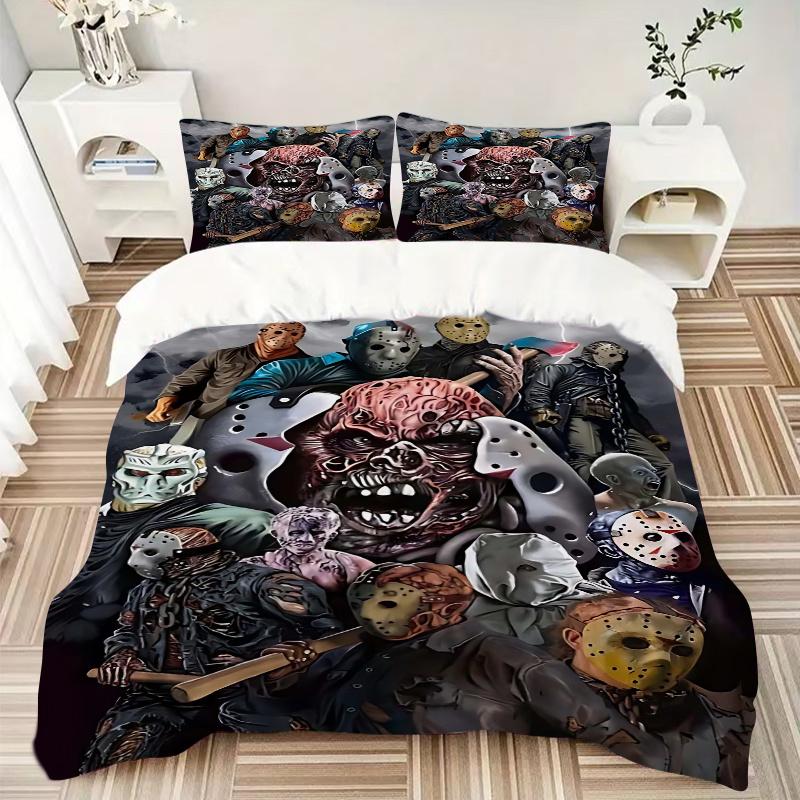 3pcs Friday the 13th Horror Movie Characters Comforter Set with Two Pillowcases (No Core), Home Decor, Gift, Polyester Fabric, Anime Cartoon