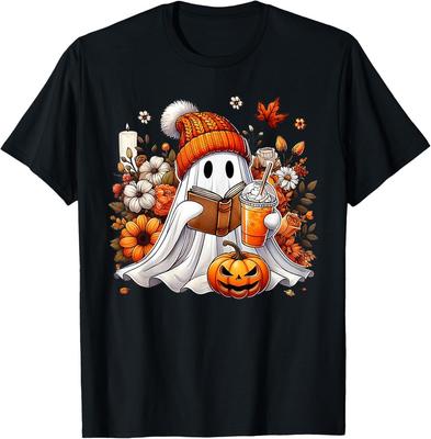 Ghost Drinking Coffee Book Reading Halloween Pumpkin Flower T-Shirt Unisex T-Shirt