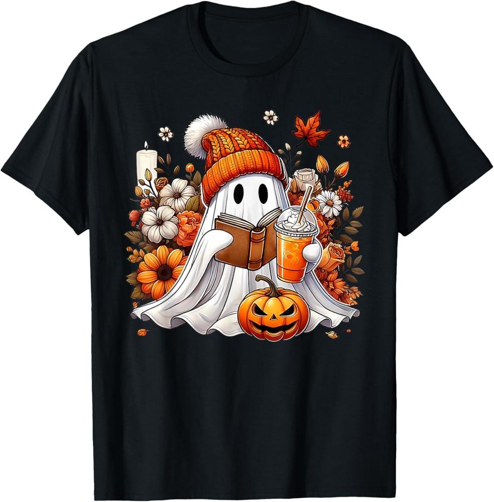 Ghost Drinking Coffee Book Reading Halloween Pumpkin Flower T-Shirt Unisex T-Shirt S