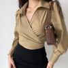 European and American Style Sexy Cross V-neck Tied Lantern Sleeve Shirt Women's High Waisted Short Lapel Top