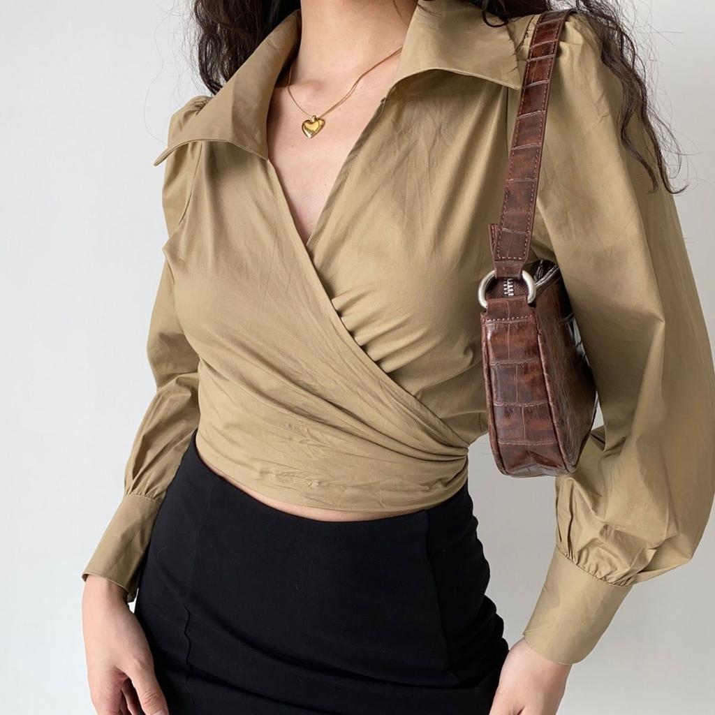 European and American Style Sexy Cross V-neck Tied Lantern Sleeve Shirt Women's High Waisted Short Lapel Top