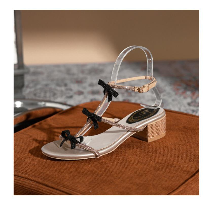 Fashion Hot Selling 2025 Women's Sandals Rhinestone Strap Thick Heel High Heel Summer New Style Matching Skirt Round Toe Leather Rubber