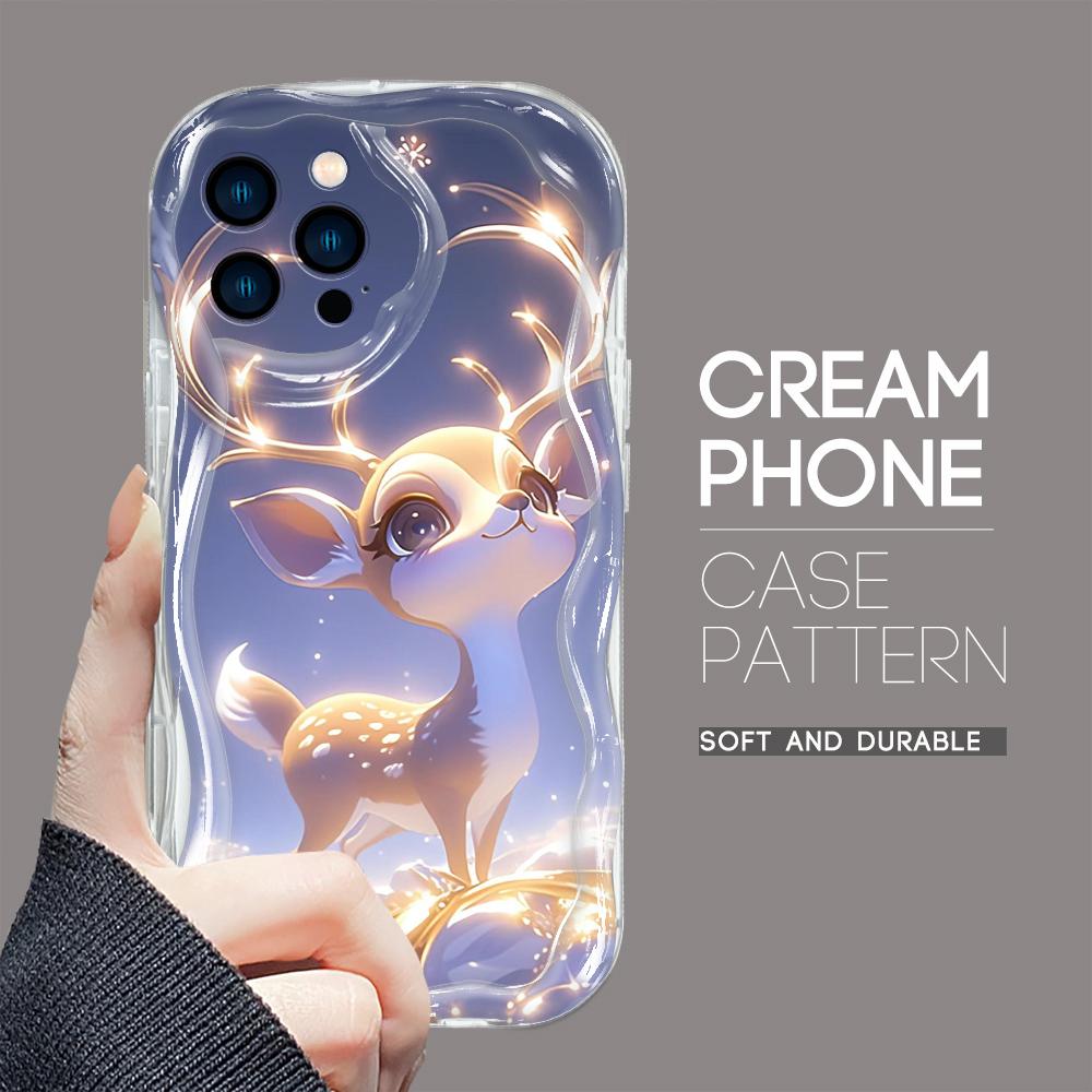 For iPhone 16 15 14 13 12 Samsung S24 S23 S22 A06 A13 A14 A15 A16 A55 Redmi Note 13 12 Cream Texture Wavy Edge Cute Deer Design Soft Phone Case
