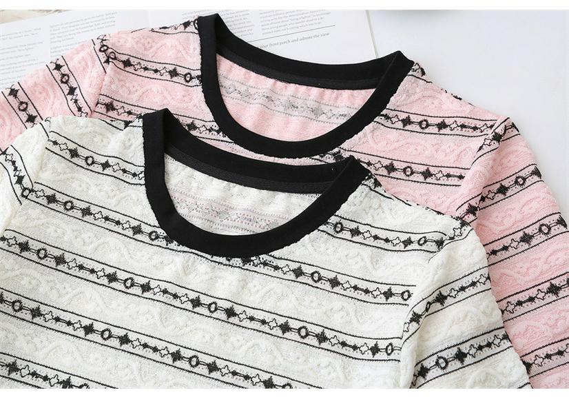 2025 Summer Women's Plus Size Jacquard Stripe Lace T-Shirt - Short Sleeve Fashion Slimming Top
