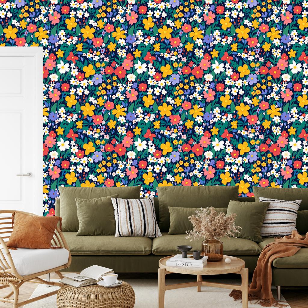 Wallpaper Small Flowers Turquoise and Blue for Living Room and Bedroom 50x1000