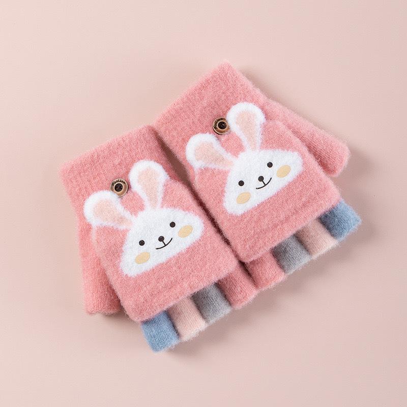 

4-11 year old cartoon bunny five finger children s gloves winter thick half finger flip knitted gloves winter new warm gloves One Size