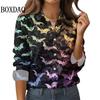 Neues 2025 Damen 3D-Druck Fledermaus Spinnennetz Langarmshirt Mode Halloween Party Lässig Täglich Revers Damen Langarmshirts