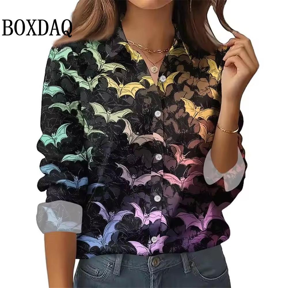 Neues 2025 Damen 3D-Druck Fledermaus Spinnennetz Langarmshirt Mode Halloween Party Lässig Täglich Revers Damen Langarmshirts