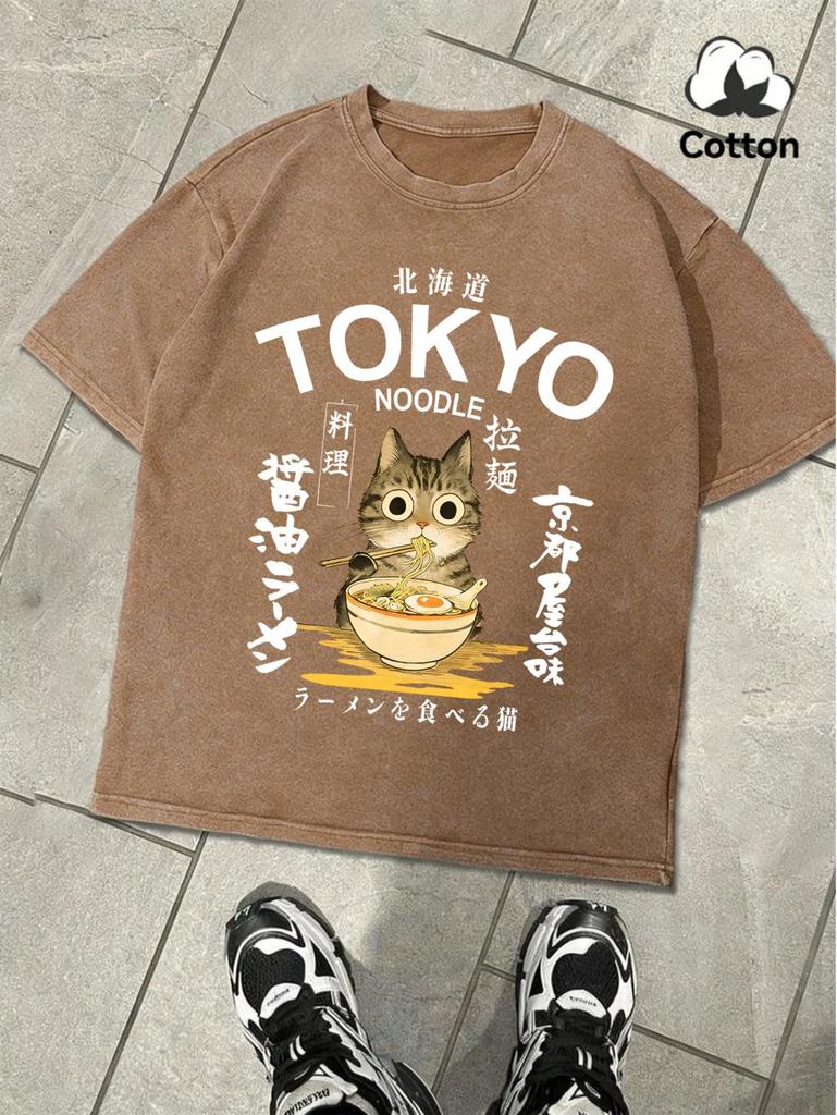 Noodles Cuisine In Tokyo Prints Washed TShirts Mens Oversize Cotton T Shirt Summer ONeck Short Sleeve Tops Basic Male Clothes