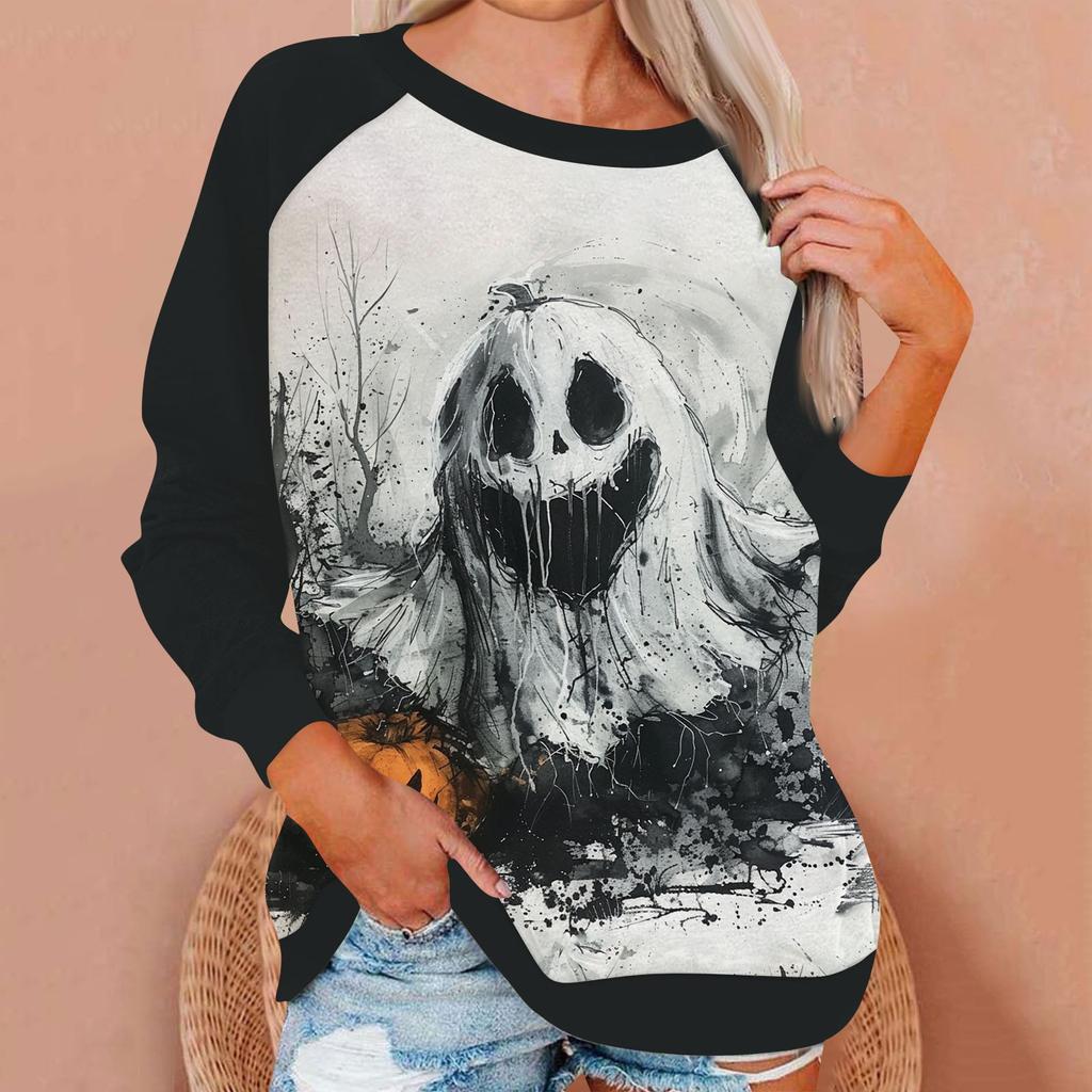 Oberteile für Frauen Damenmode Lässig Rundhals Langarm Halloween-Print Raglanärmel Sweatshirt-Oberteil Ropa Para Mujer