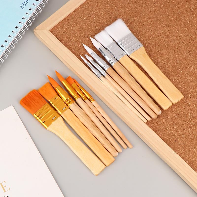 6Pcs Portable Watercolor Brushes Wooden Handle Paint Brush Oil Acrylic Painting
