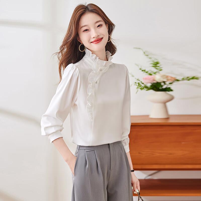 Women's Ruffle Trim Stand Collar Long Sleeve Blouse