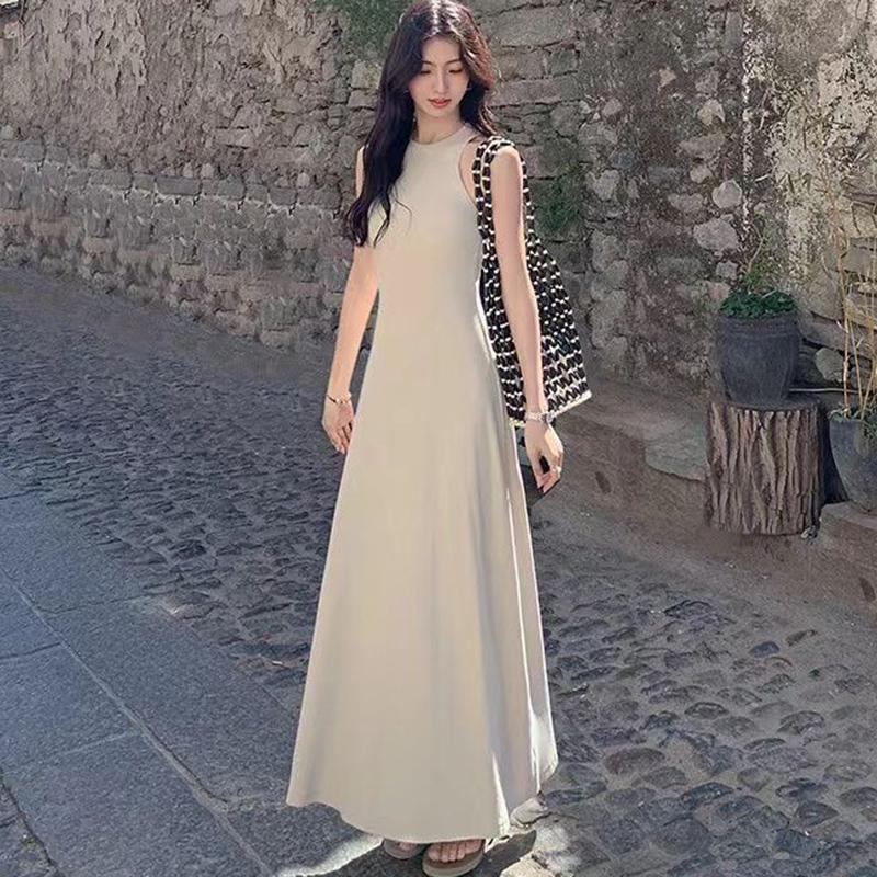 Summer Sleeveless Tank Dress Women Elegant Slim A Line Long Dress Vacation All Match Casual Solid Vestidos