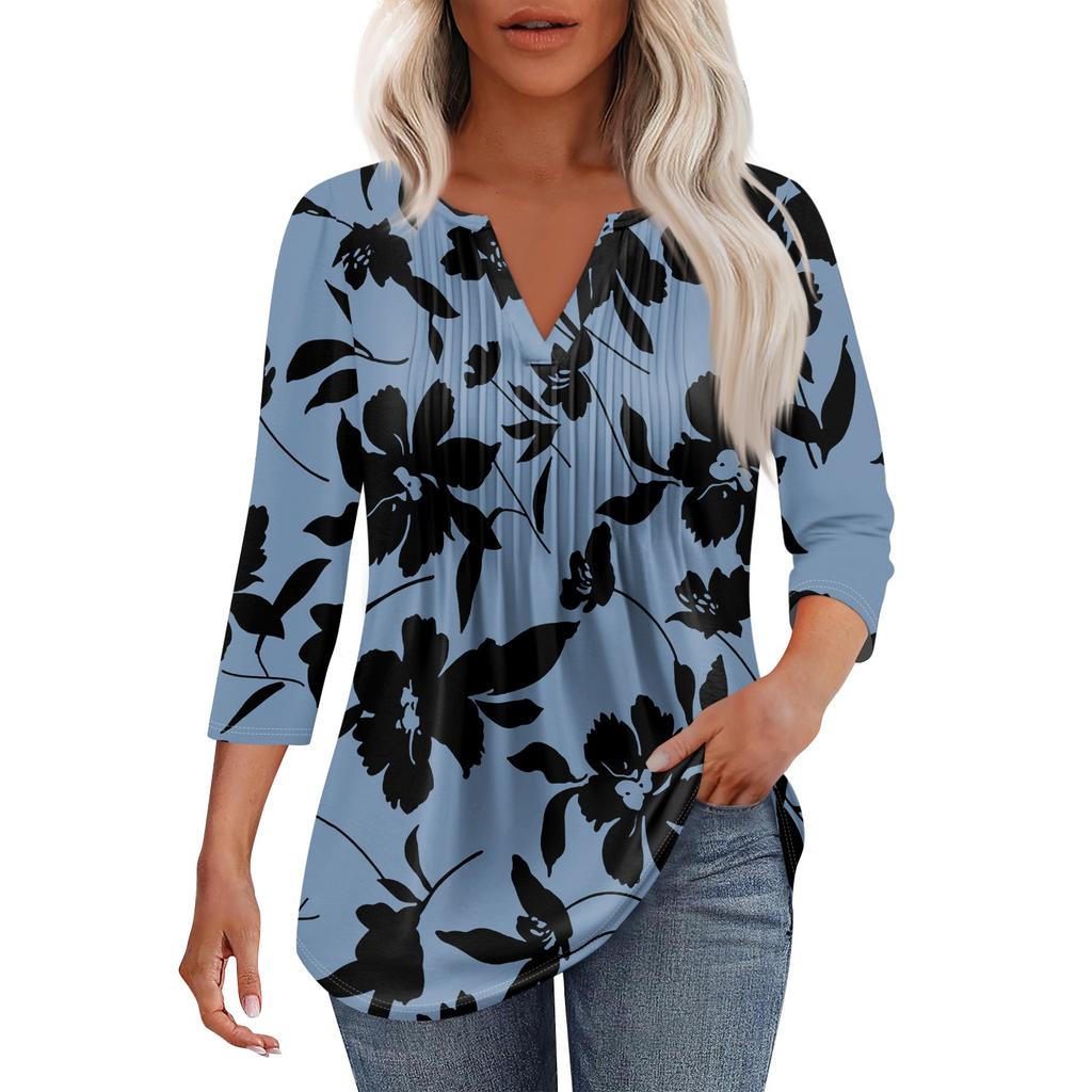 Women's Fashionable Casual Pleated  V Neck Solid Color Seven Quarter Sleeve T-shirt Top