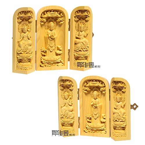Three-way Buddha Kannon statue, Manjusri, Kannon, and Samantabhadra, wood carving, miniature Buddhist altar, Buddhist box, or altar ornament (10cm hig