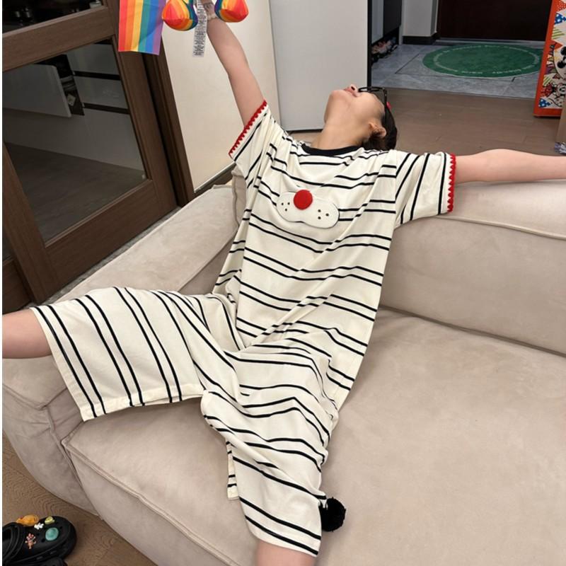 Foreign Style Cartoon Large Size Short-sleeved Pajamas Women's Summer 1011 New Loose Long One-piece Pajamas Loungewear Outside