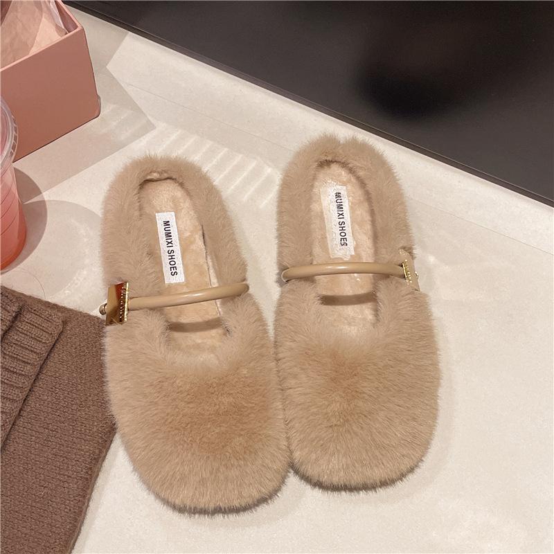 Retro Simple Fluffy Shoes for Women 2025 Winter Wear Flat-bottomed One-pedal Beanie Shoes for Women, Velvet Versatile Cotton Slippers for Women