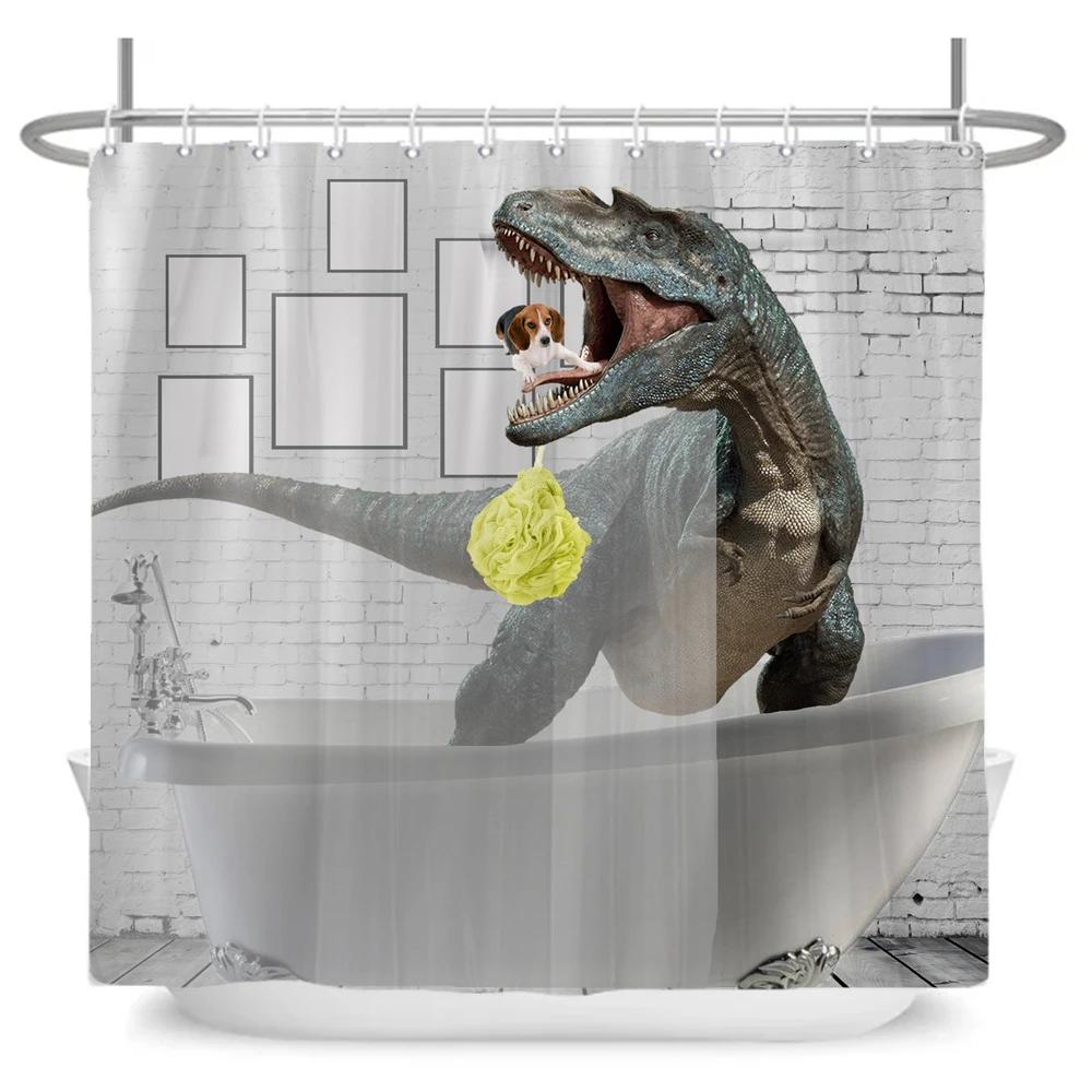 Lustige Hund Dinosaurier Duschvorhänge Cooler Katze reitet Dinosaurier Japanische Ozeanwelle Kinder Badezimmervorhang Raumdeko Mit Haken