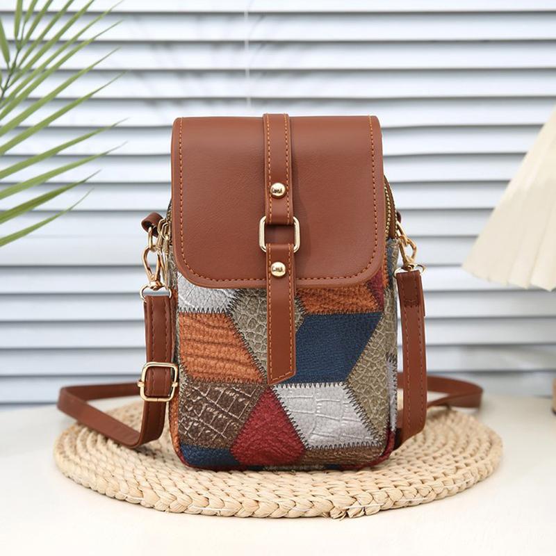 Retro Contrasting Color Women'S Bag Multi-Layer Practical Small Crossbody Bag Diamond Splicing Phone Bag Shoulder Bag