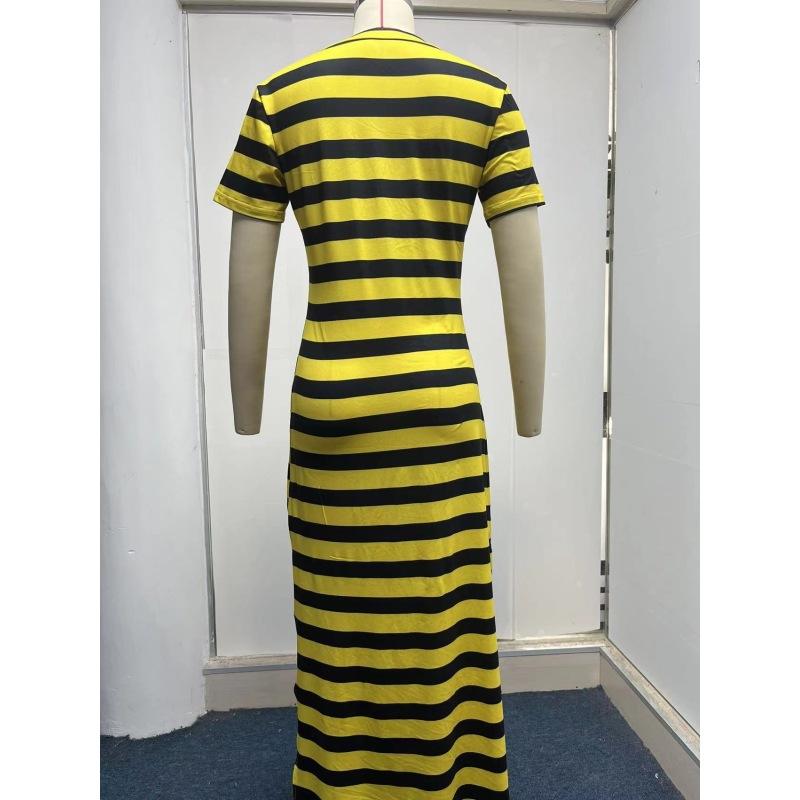 Women's Short-sleeved V-neck Loose Slit Striped Long Dress