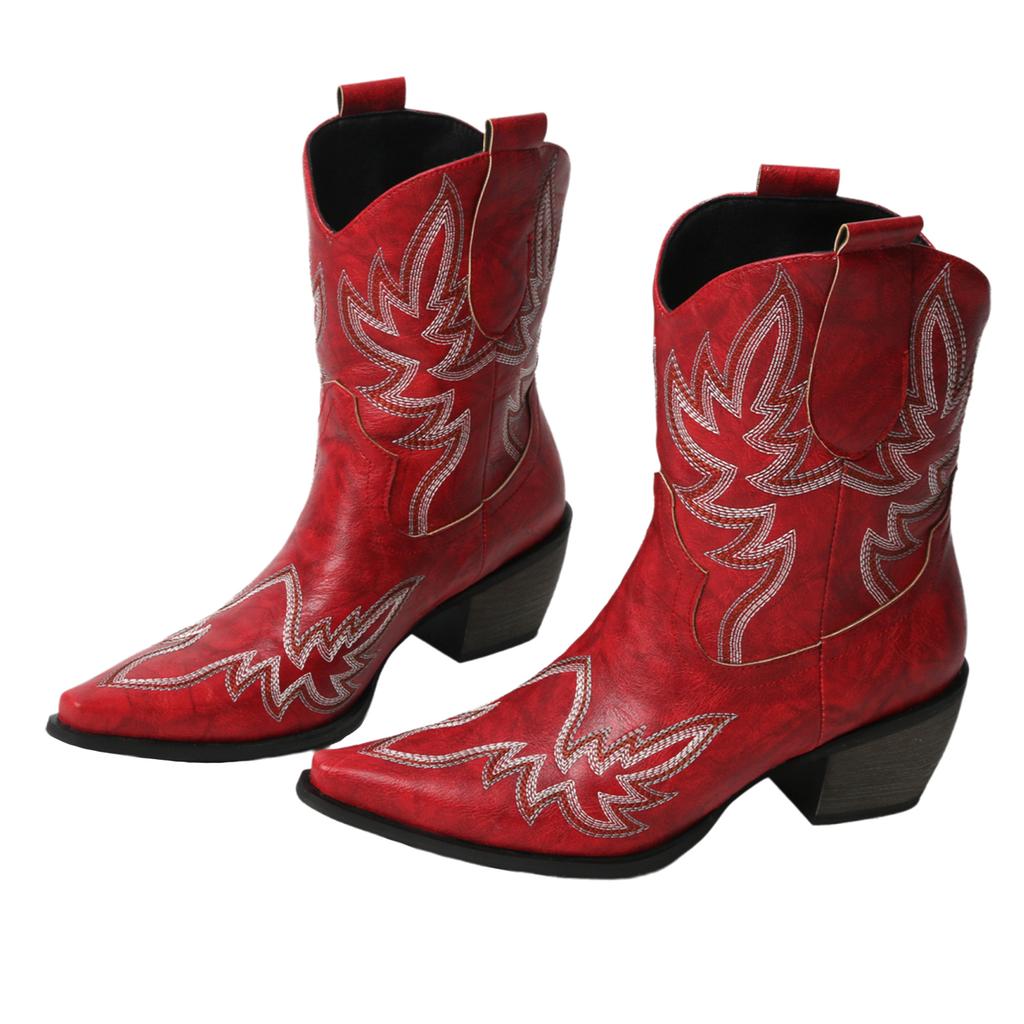 FOREADA Women Ankle Cowboy Boots Pointed Toe Chunky High Heels Embroidery Wester Short Boots Ladies Fashion Shoes Winter Red