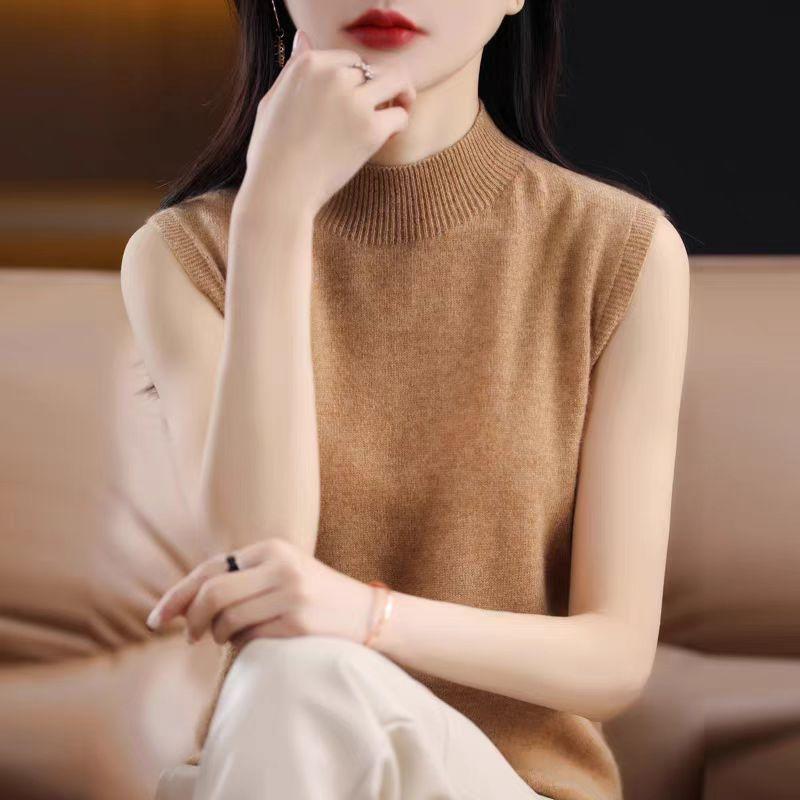 TIFICY Women's Fashion Casual Fall Winter Solid Color Print Sleeveless Half Turtleneck Tops Women's Clothing Woolen Knitwear Sweaters