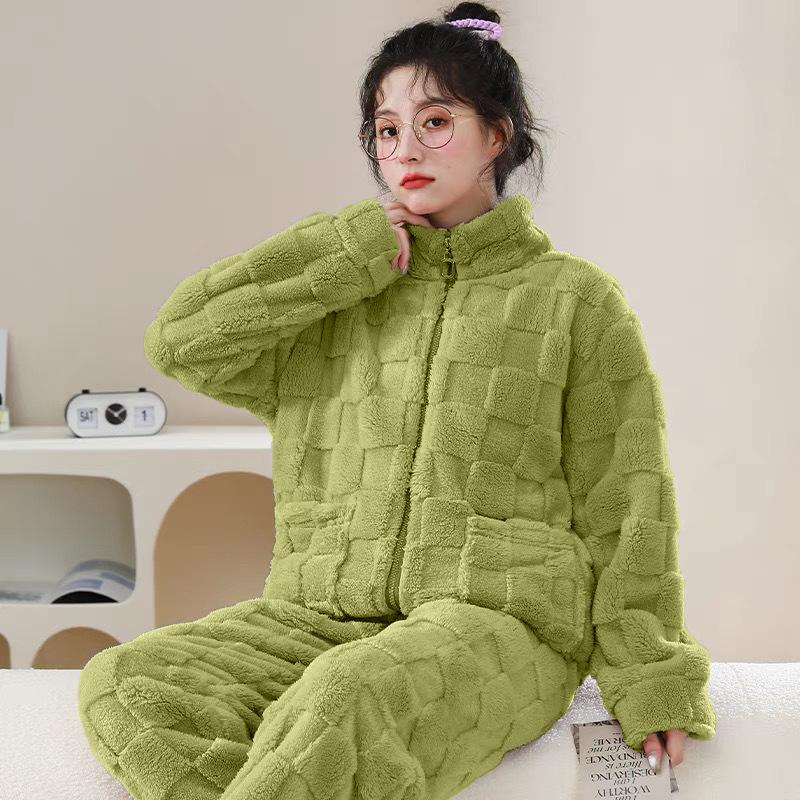 Flannel Thickened Velvet Pajamas Set Winter Long-sleeved Coral Velvet Pajamas for Women Warm Simple Solid Color Home Clothes
