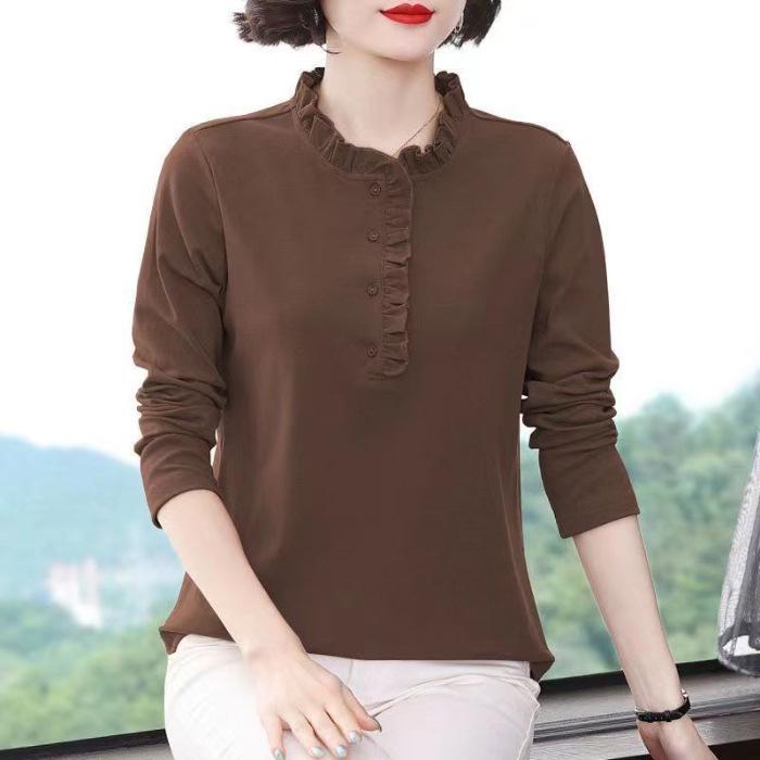 Women s Double-Sided German Fleece Long-Sleeve Top with Lace Button Collar Double Extra Large темно-коричневого