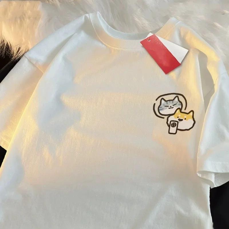 Cat Dog and Mobile Phone Print Women Round Neck Short Sleeve Soft Comfortable Streetwear Summer Fashion Women Clothes